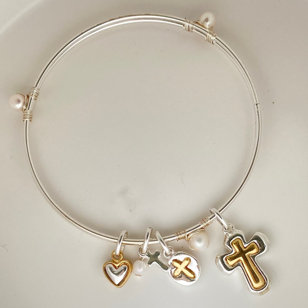 Pearl Station With Cross Heart Charm Bracelet